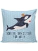 Mr. & Mrs. Panda Dekokissen Orca Zylinder mit Spruch in Blau Pastell