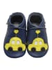 Yalion Dunkelblaue Babyschuhe aus echtem Leder，rutschfester Sohle–gelbem Auto-Muster