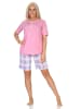 NORMANN Schlafanzug kurzarm Pyjama Shorty karierte Jersey Hose - 85276 in rosa