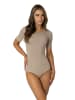 Alkato Damen Kurzarm Body mit Rundhalsausschnitt blickdicht Rippstoff in beige Modell 1
