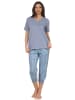 NORMANN Capri Pyjama kurzarm Caprihose seitlichen Streifen und Leomuster in blau