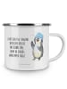 Mr. & Mrs. Panda Camping Emaille Tasse Pinguin Duschen mit Spruch in Weiß