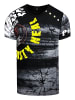 T-Shirt Verwaschen mit All-Over Print und Seitlicher Knopfleiste in Schwarz