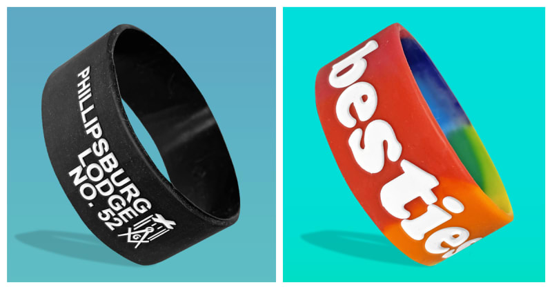 custom ultra wide silicone wristbands in multiple colors on gradient backgrounds