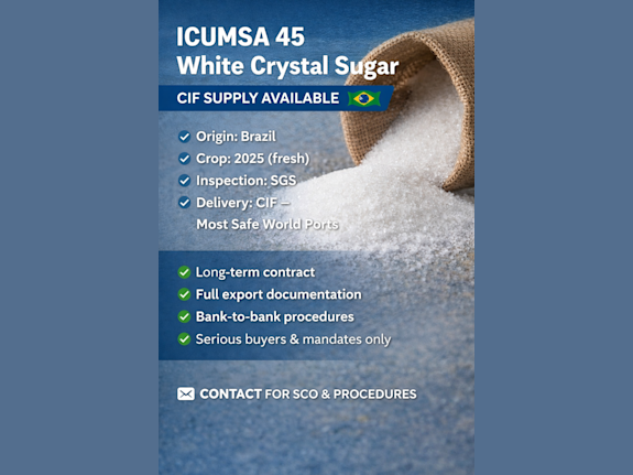 ICUMSA 45 White Refined Sugar CIF Supply Available