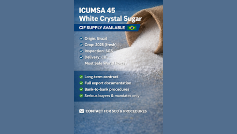 ICUMSA 45 White Refined Sugar CIF Supply Available