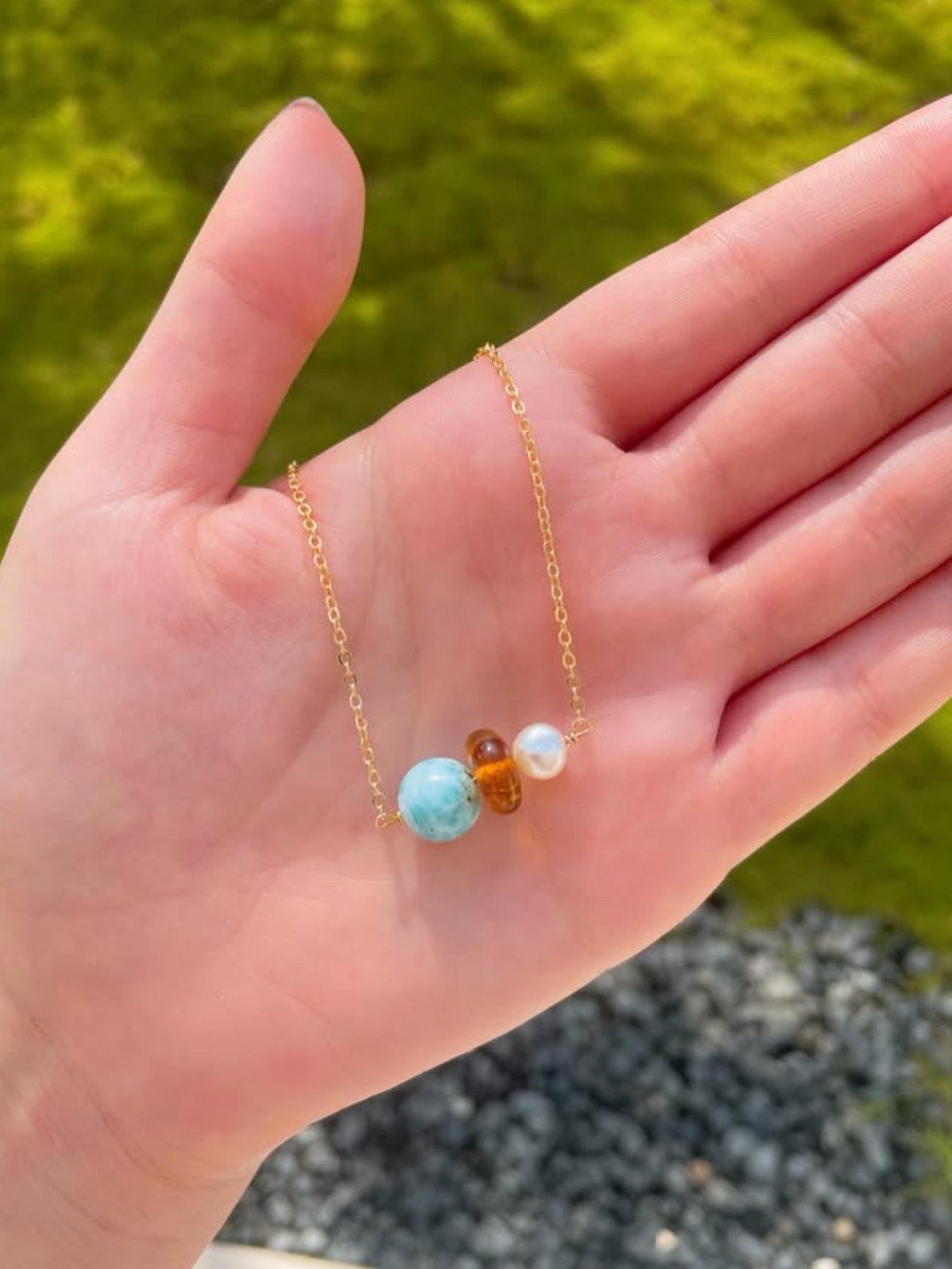 cadena larimar ambar y perla