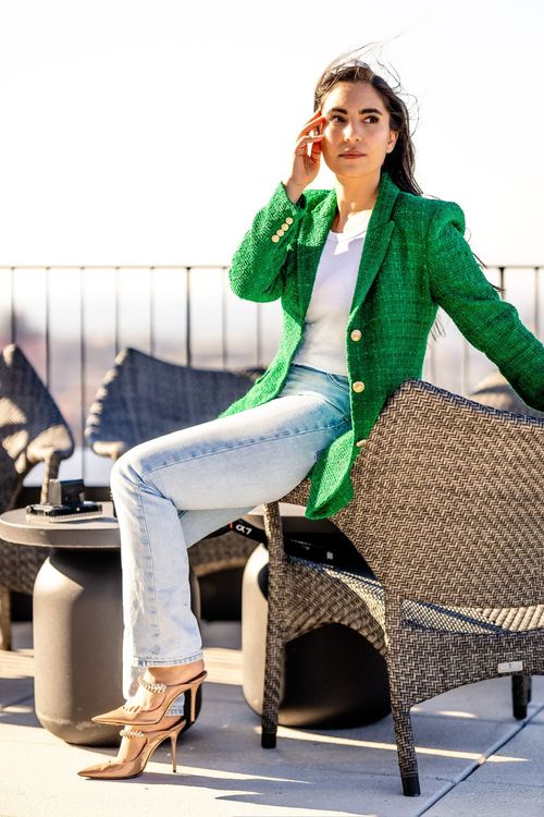 einat ben Moshe rooftop Brooklyn in green jacket 