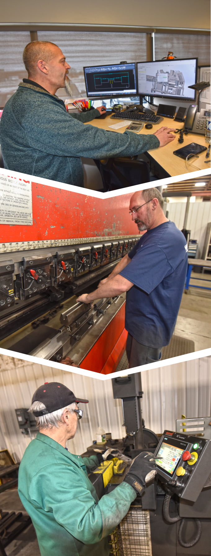 Engineer on computer designing custom machinery, metal fabricator bending metal and a machinist operating a CNC machine