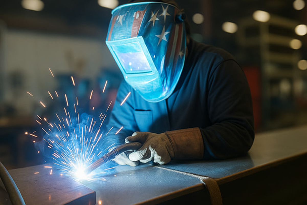 MetalStorm employees welding large metal beam