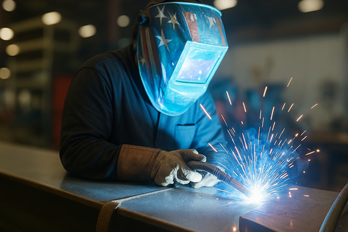 MetalStorm employees welding large metal beam