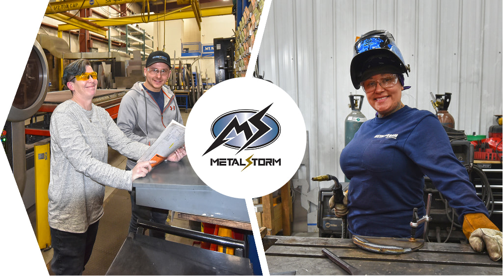 Multiple images showing MetalStorm employees working in their fabrication shop
