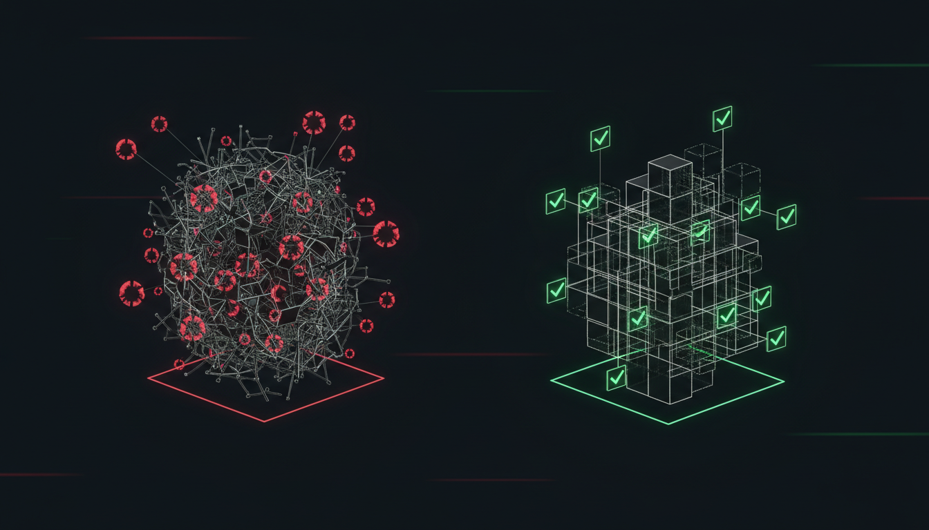 Before and after comparison of startup codebase preparation showing chaotic versus organised code structures