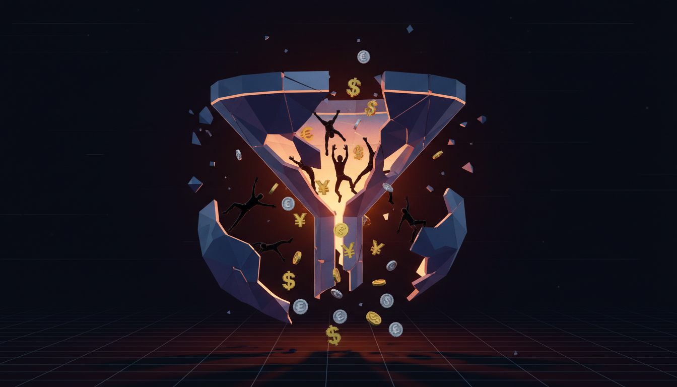 Abstract visualisation of costs leaking from a broken hiring funnel, representing the financial impact of poor developer recruitment