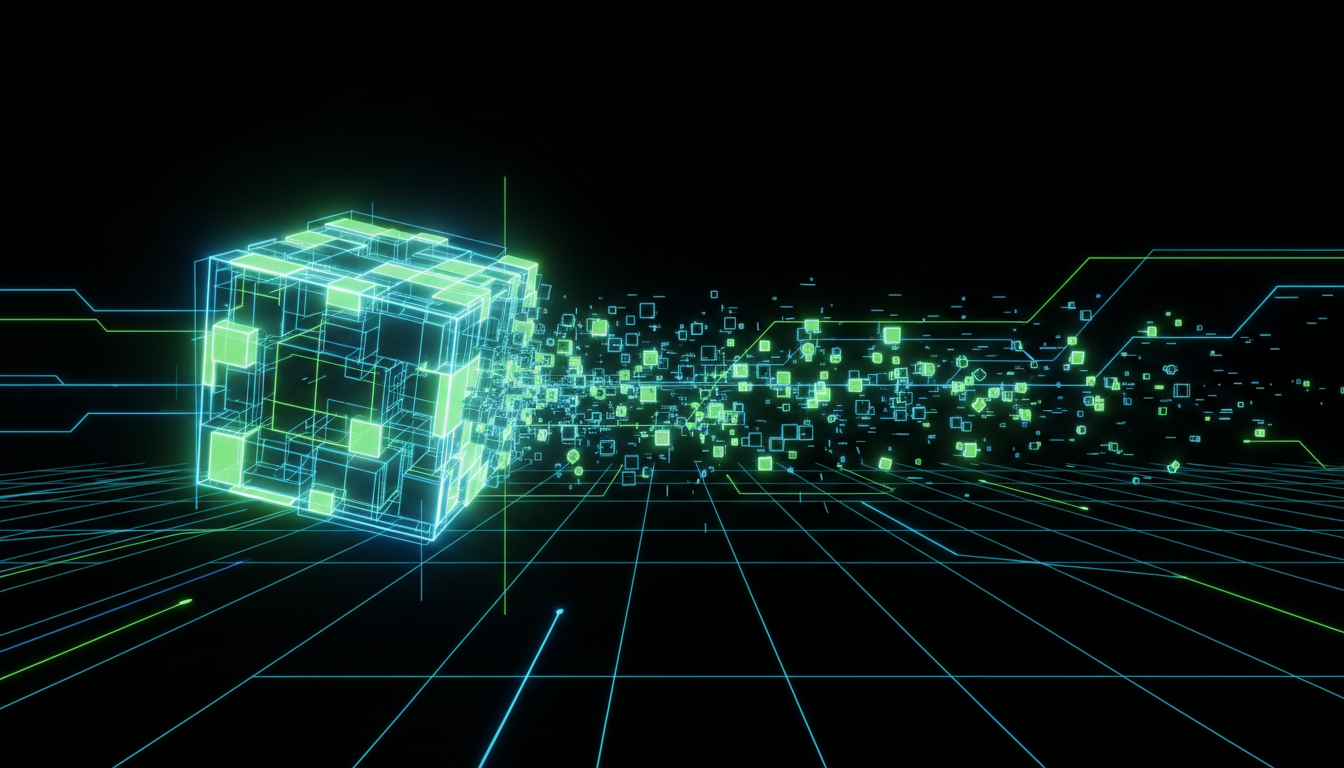 Geometric cube decomposing into scattered fragments illustrating premature microservices decomposition