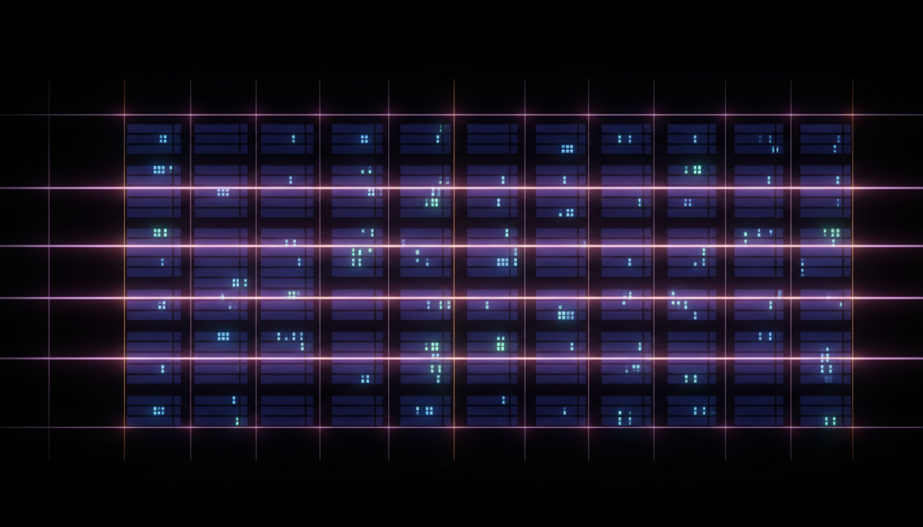 Abstract data grid with glowing row-level security barriers between tenant sections representing multi-tenant database isolation