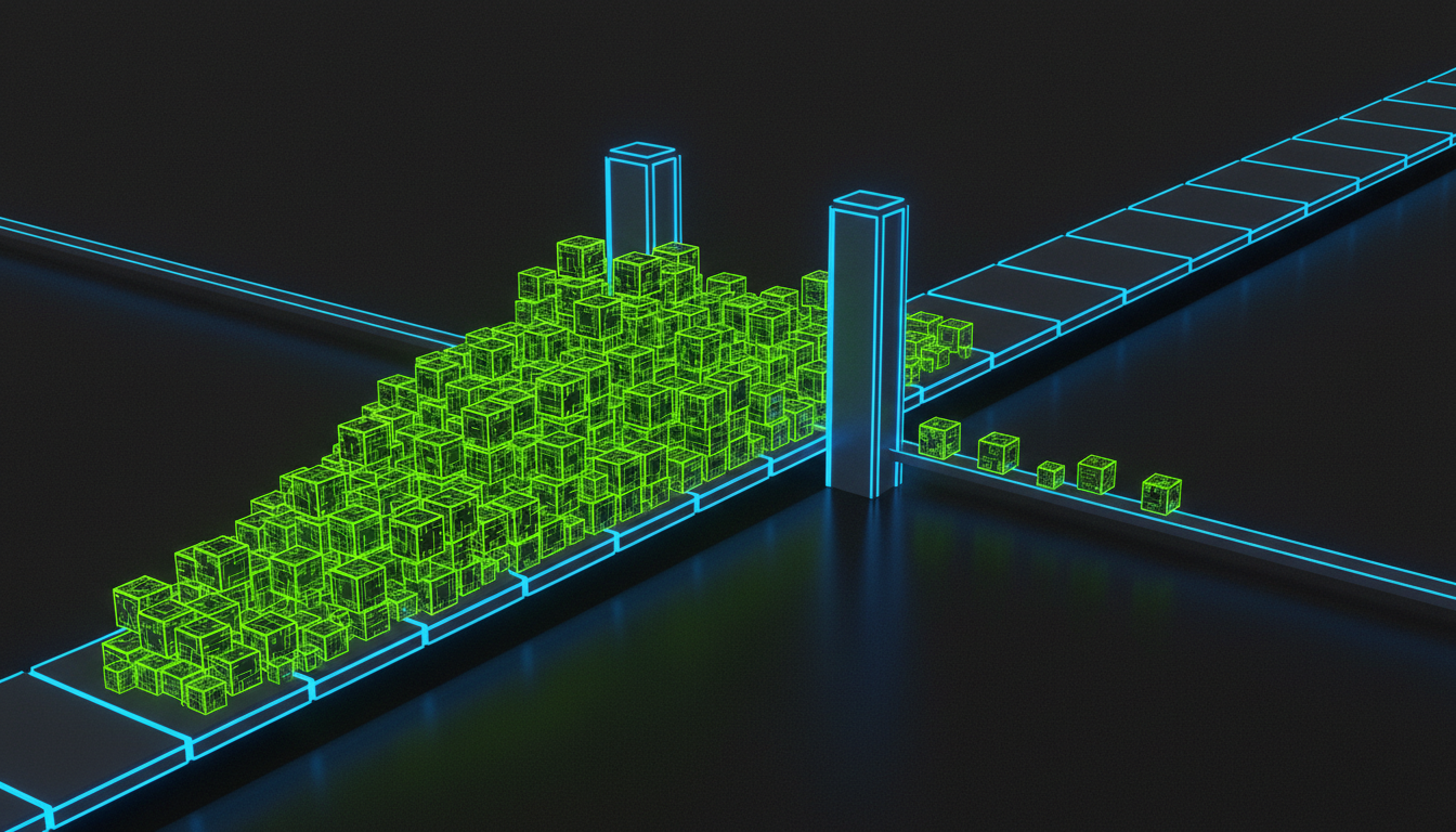 Code blocks piling up at a review bottleneck gate, representing how AI-generated PRs overwhelm human review capacity