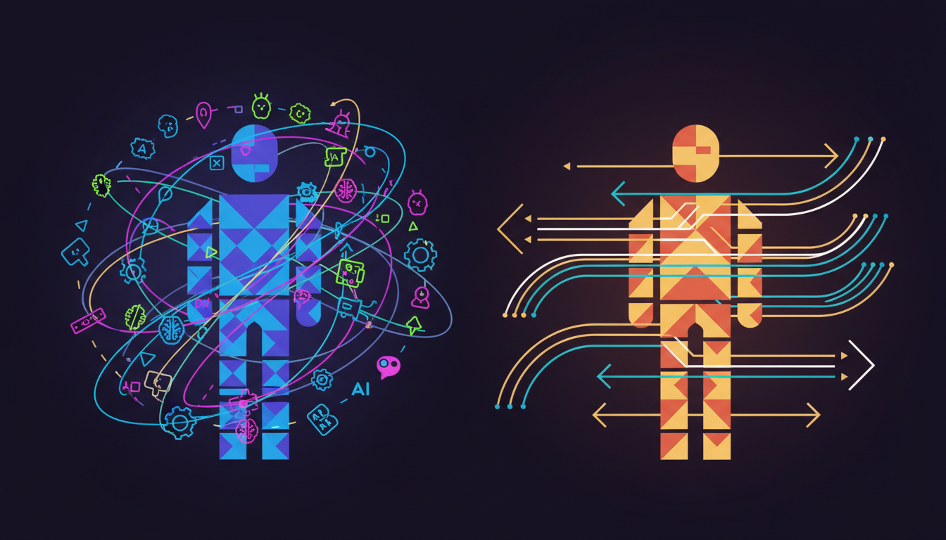 Two developer workflows compared - chaotic unstructured AI usage versus structured orderly AI-augmented development