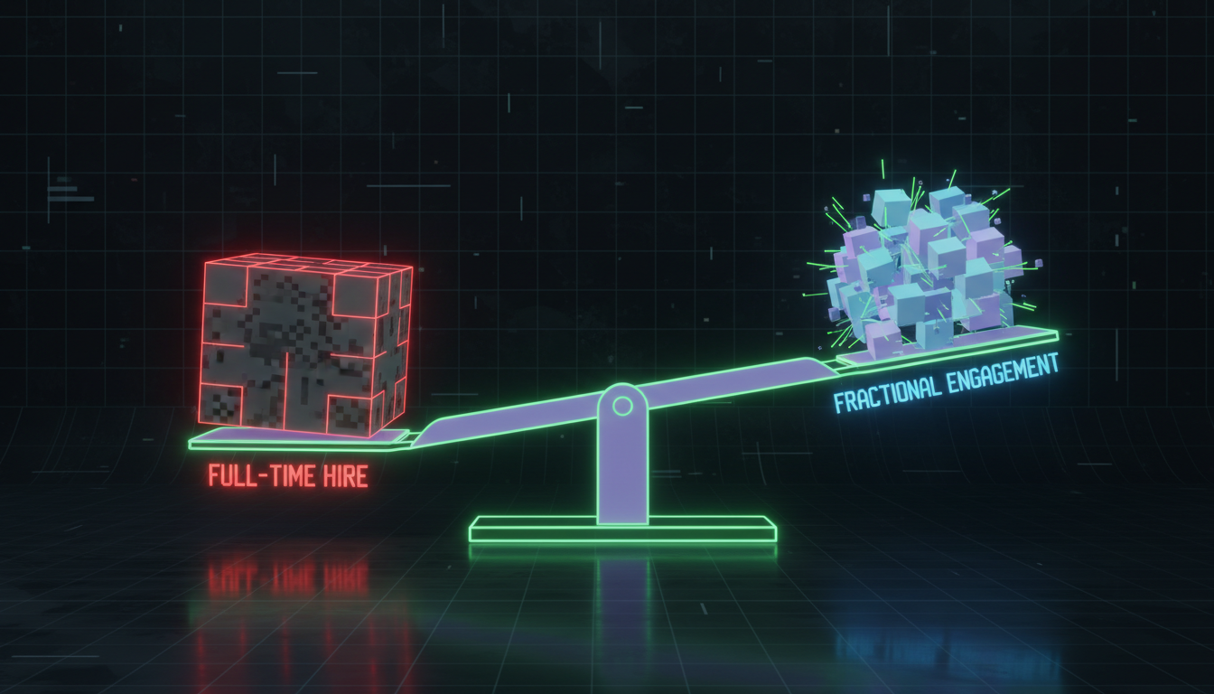 Balance scale comparing heavy full-time CTO cost block against lightweight fractional modular pieces