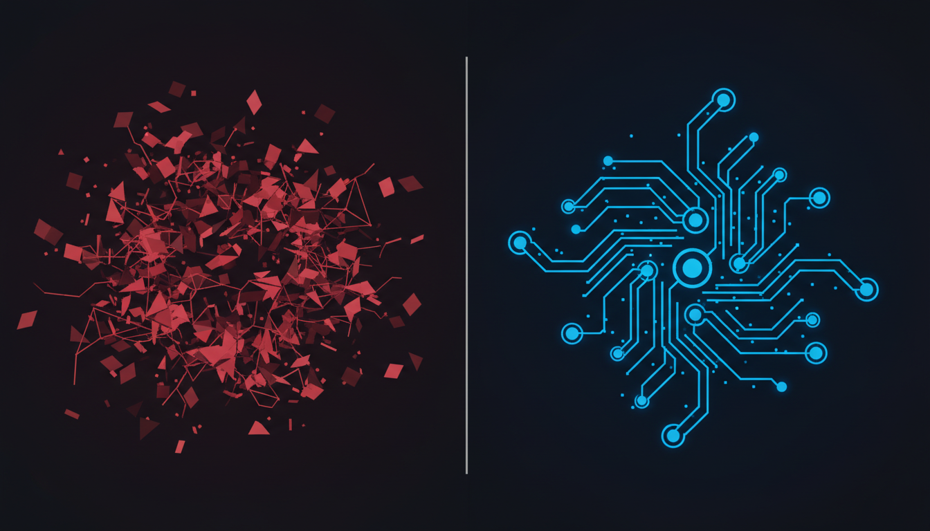 Split screen visualisation comparing chaos of ungoverned AI agents in dim red versus clean organised governed AI adoption in bright electric blue