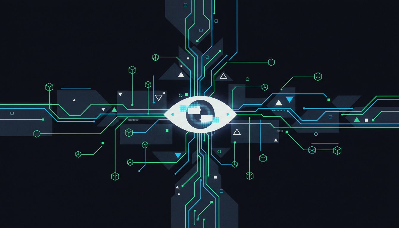Abstract representation of AI agent observability with geometric dashboard shapes and glowing data streams flowing through circuit patterns monitoring a network of connected nodes