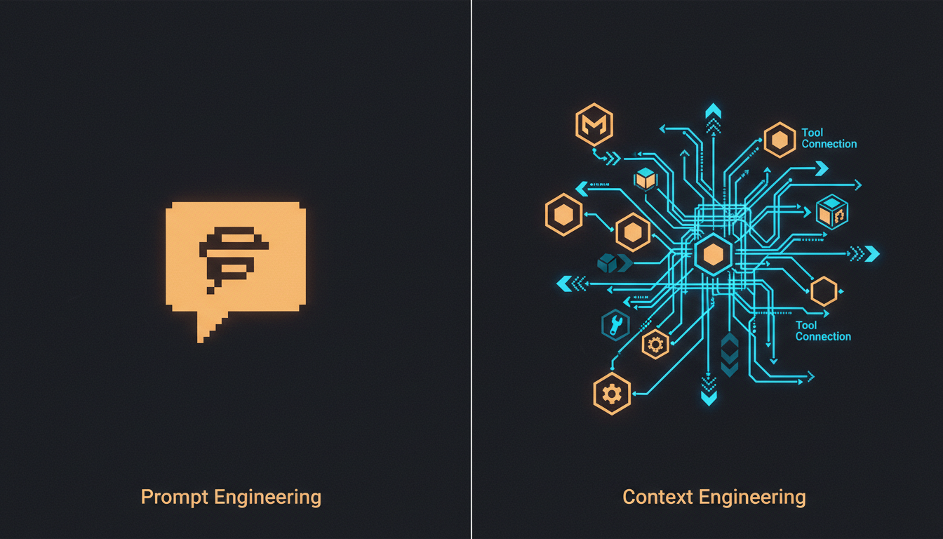 Split-screen comparison showing simple prompt engineering on the left versus complex context engineering data pipelines on the right