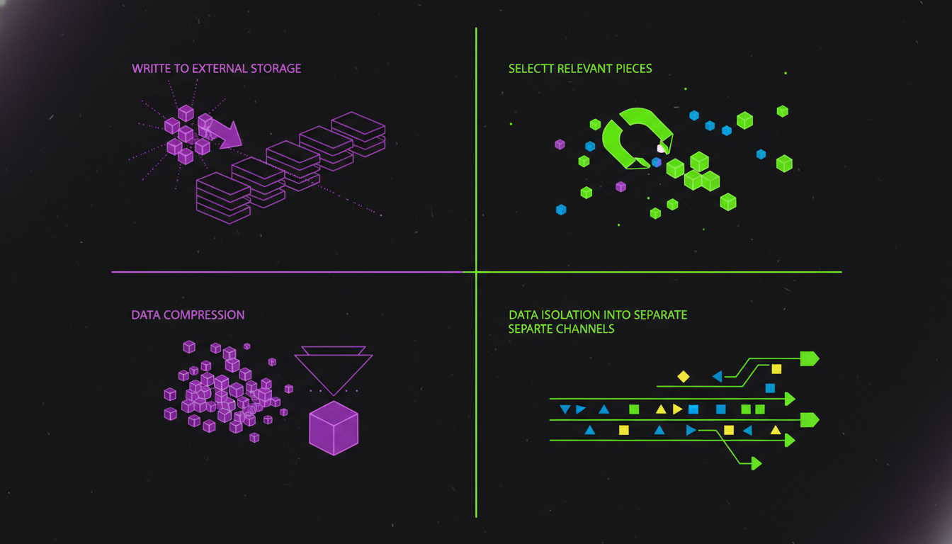 Four quadrants showing context engineering patterns: writing data to storage, selecting relevant pieces, compressing data, and isolating channels