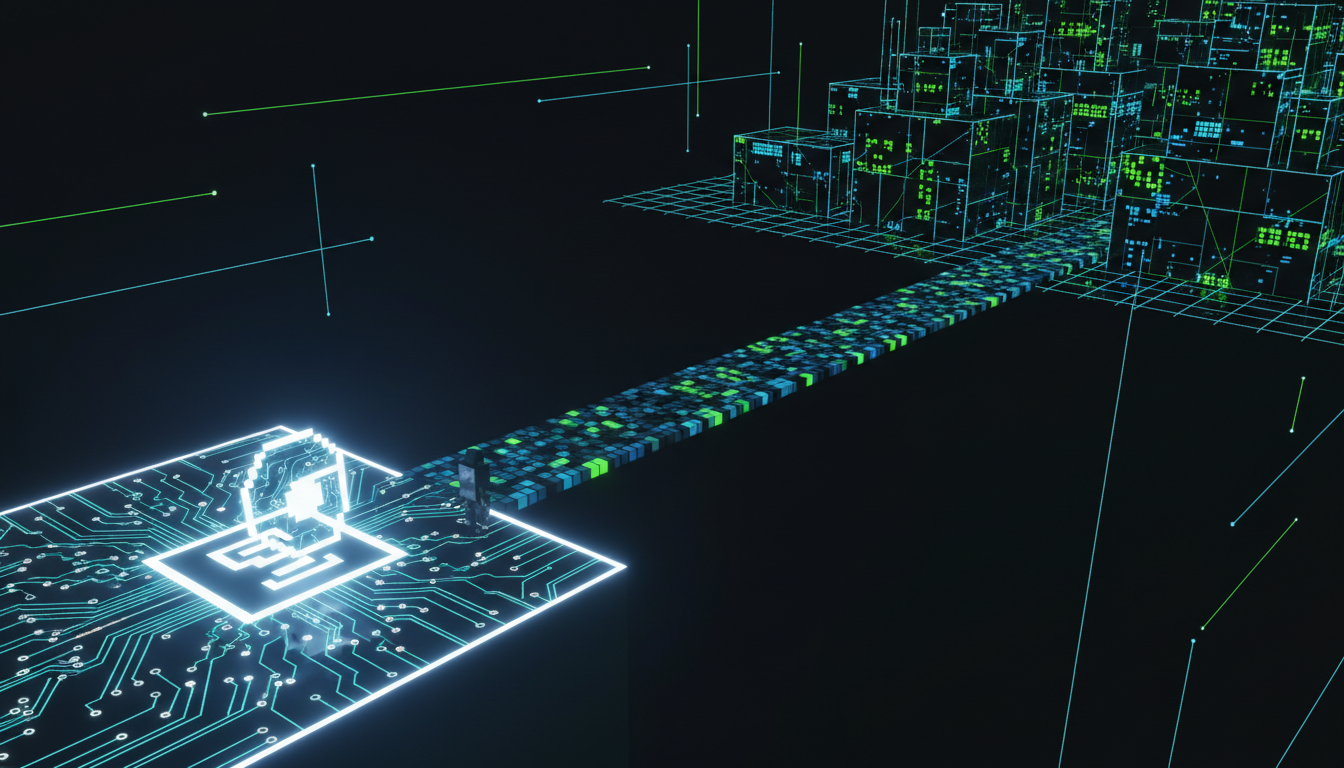 Narrow glowing bridge spanning a dark chasm between a small pilot platform and a massive production city grid