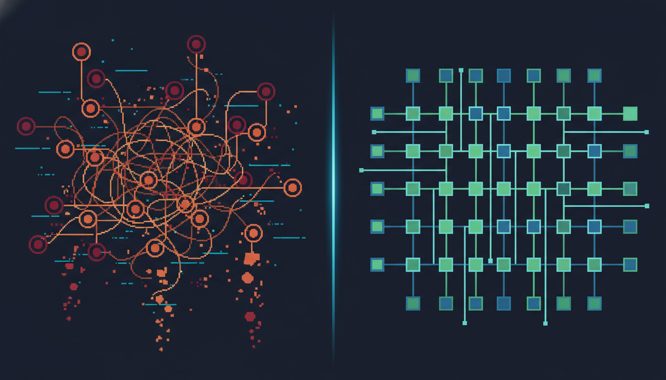 Split screen showing chaotic tangled network versus clean organised grid representing unstructured versus CTO-led AI deployment