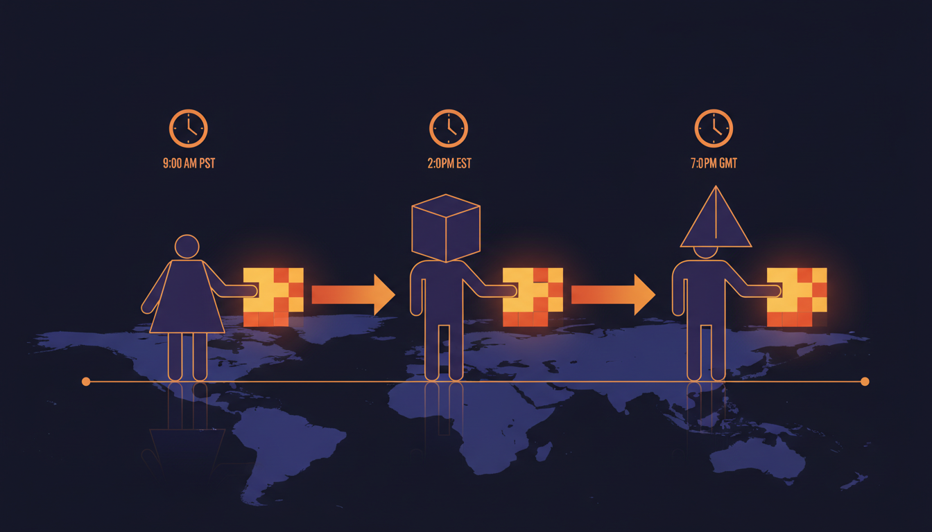 Structured data handoff between engineers across different time zones on a timeline