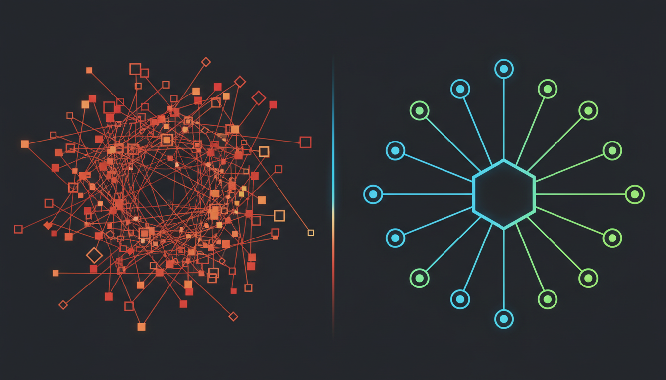 Split comparison showing chaotic N×M API integration web versus clean MCP hub-and-spoke architecture