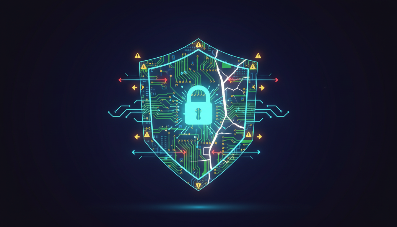 Geometric circuit-board shield with lock icon showing both protective and vulnerable elements of MCP security