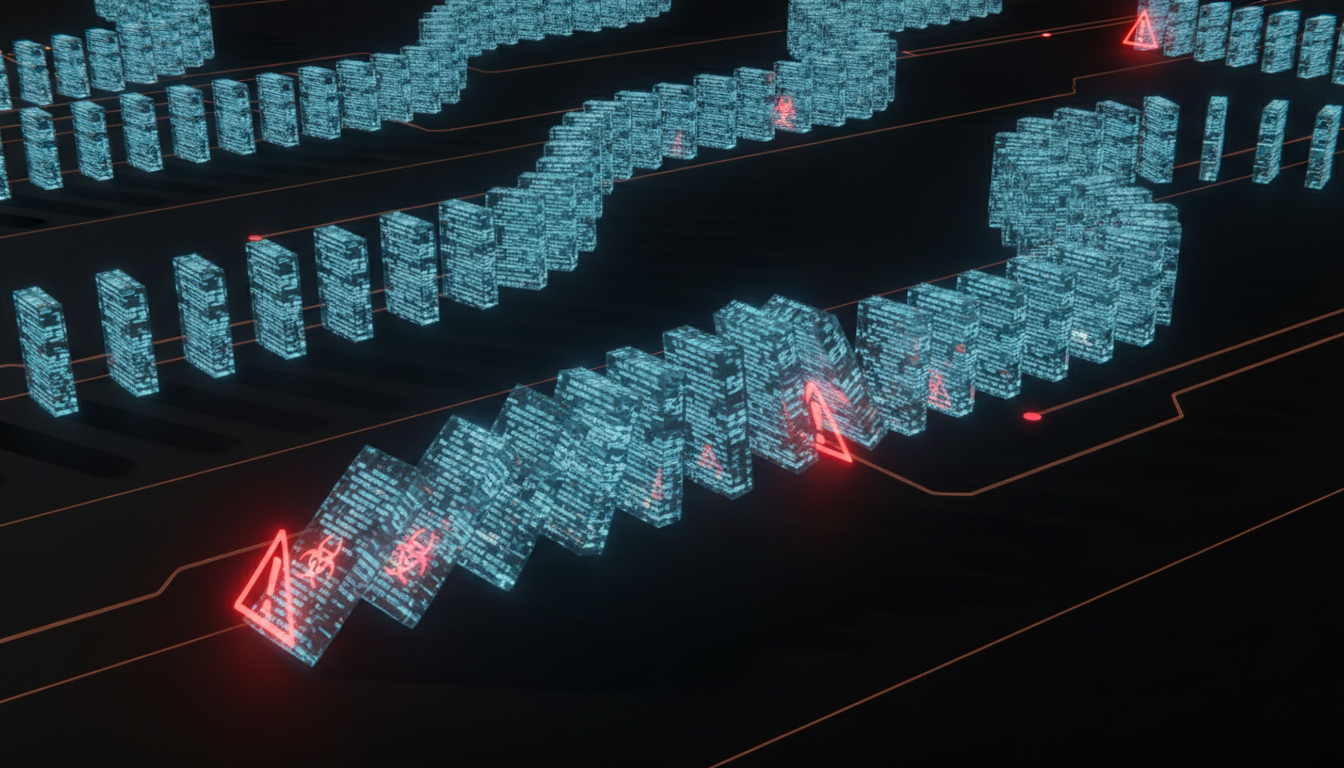 Cascading digital dominos representing escalating security failures in vibe coded applications