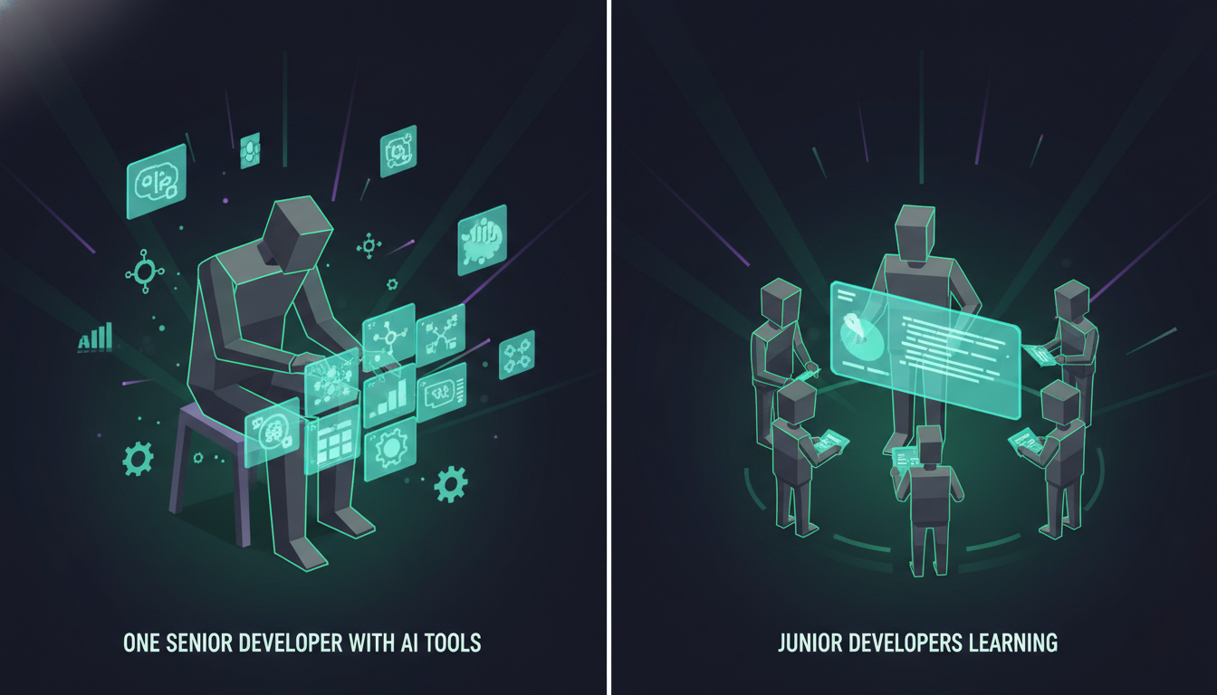 Comparison of a single developer with AI tools versus a team of junior developers learning through mentorship