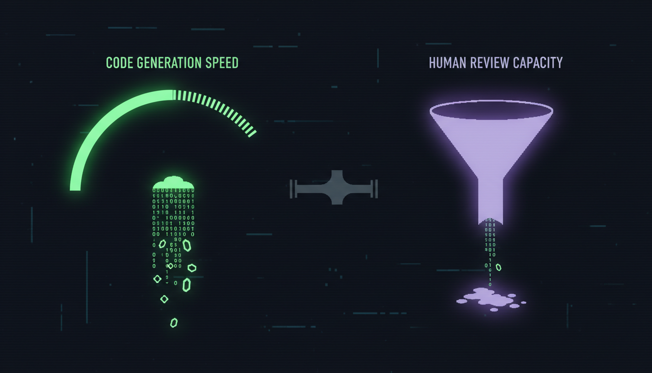 Asymmetry between rapid AI code generation output and constrained human review capacity bottleneck