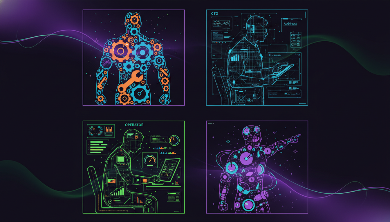 Four distinct CTO archetypes represented as geometric silhouettes - builder, architect, operator, and visionary