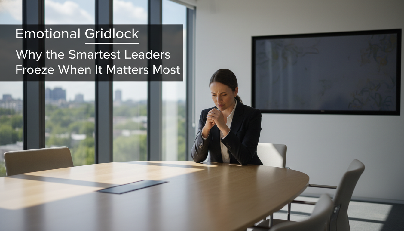 Executive in a modern boardroom reflecting on high-stakes leadership decisions under pressure