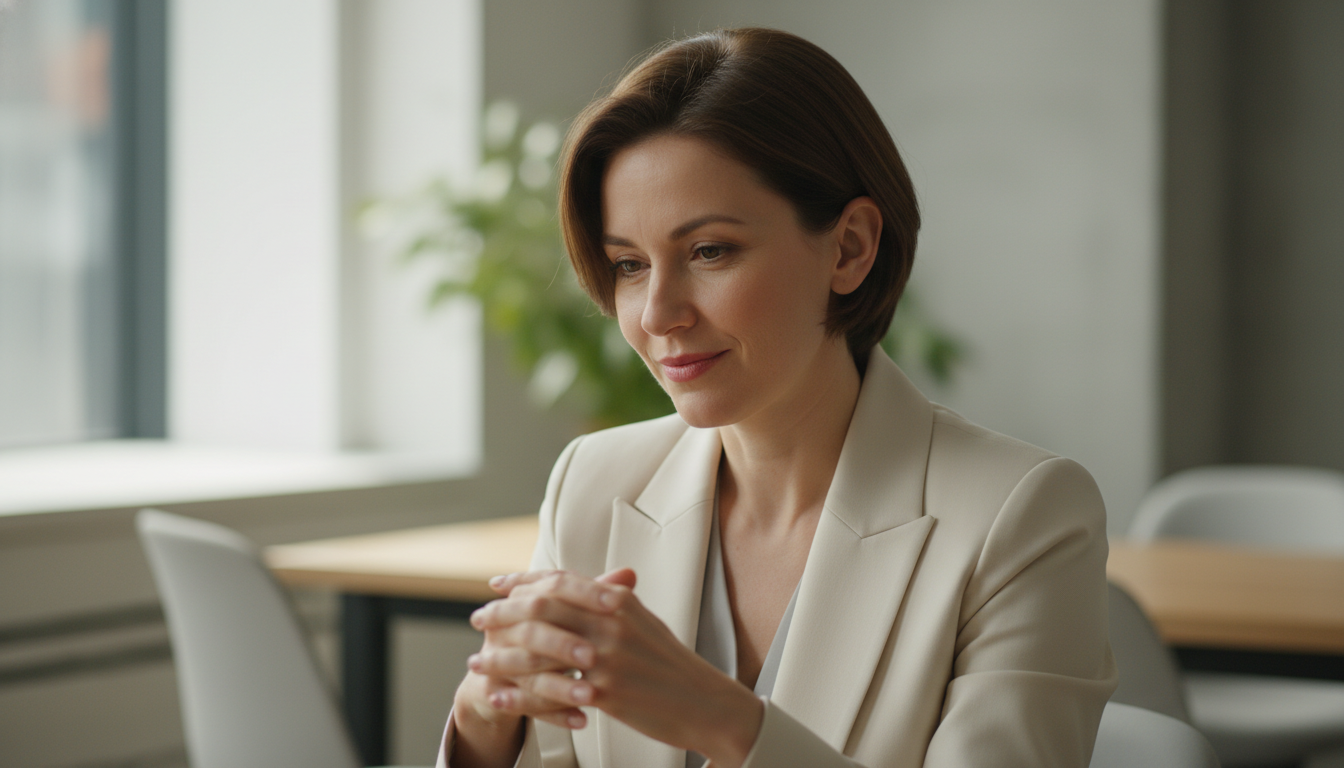 Professional leader demonstrating emotional intelligence and focused presence in a modern office