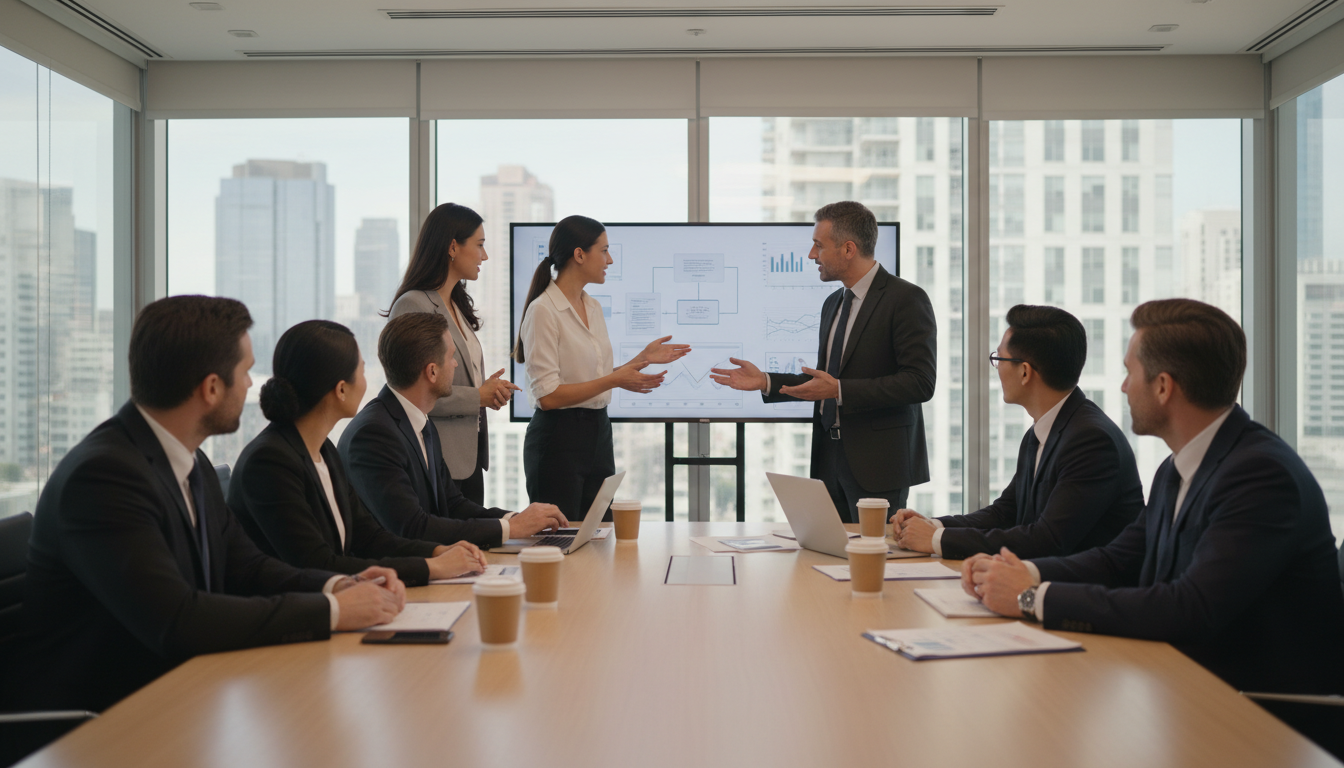Diverse executive team engaged in focused boardroom discussion in a modern glass-walled meeting room