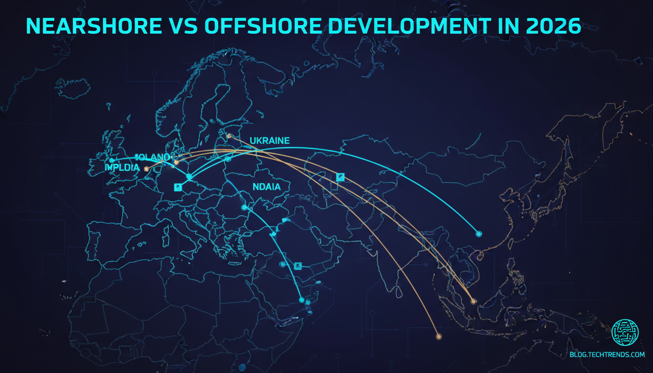 Stylised map showing connection lines between UK and Eastern Europe versus longer lines to Asia representing nearshore and offshore development distances