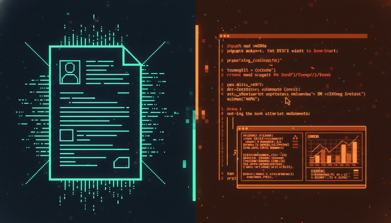 Split comparison showing an AI-polished resume versus raw hands-on coding skills assessment, illustrating the gap between paper credentials and real developer ability