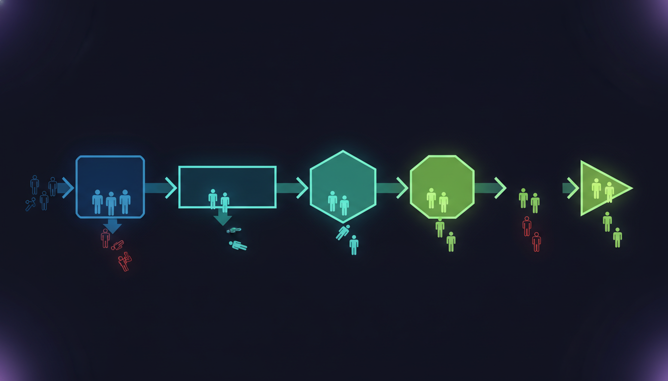 Five-stage developer screening pipeline shown as connected geometric nodes, with candidates being progressively filtered at each assessment stage