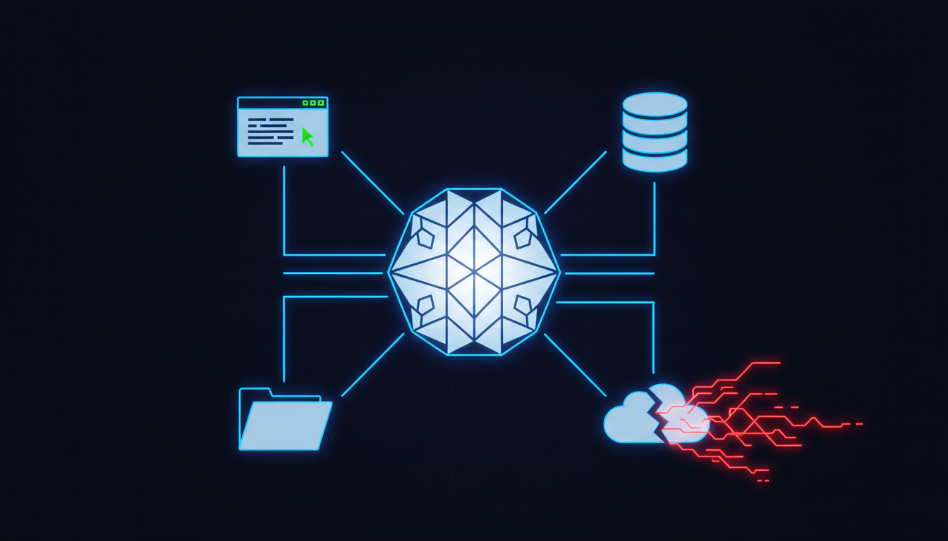AI agent node connected to tools with a vulnerability breach point in the connection chain