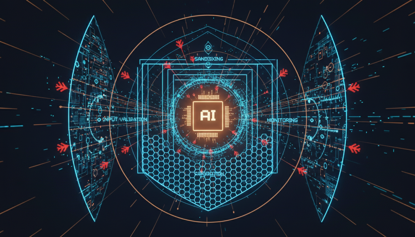 Concentric shield layers protecting an AI core with defensive geometric patterns representing security layers