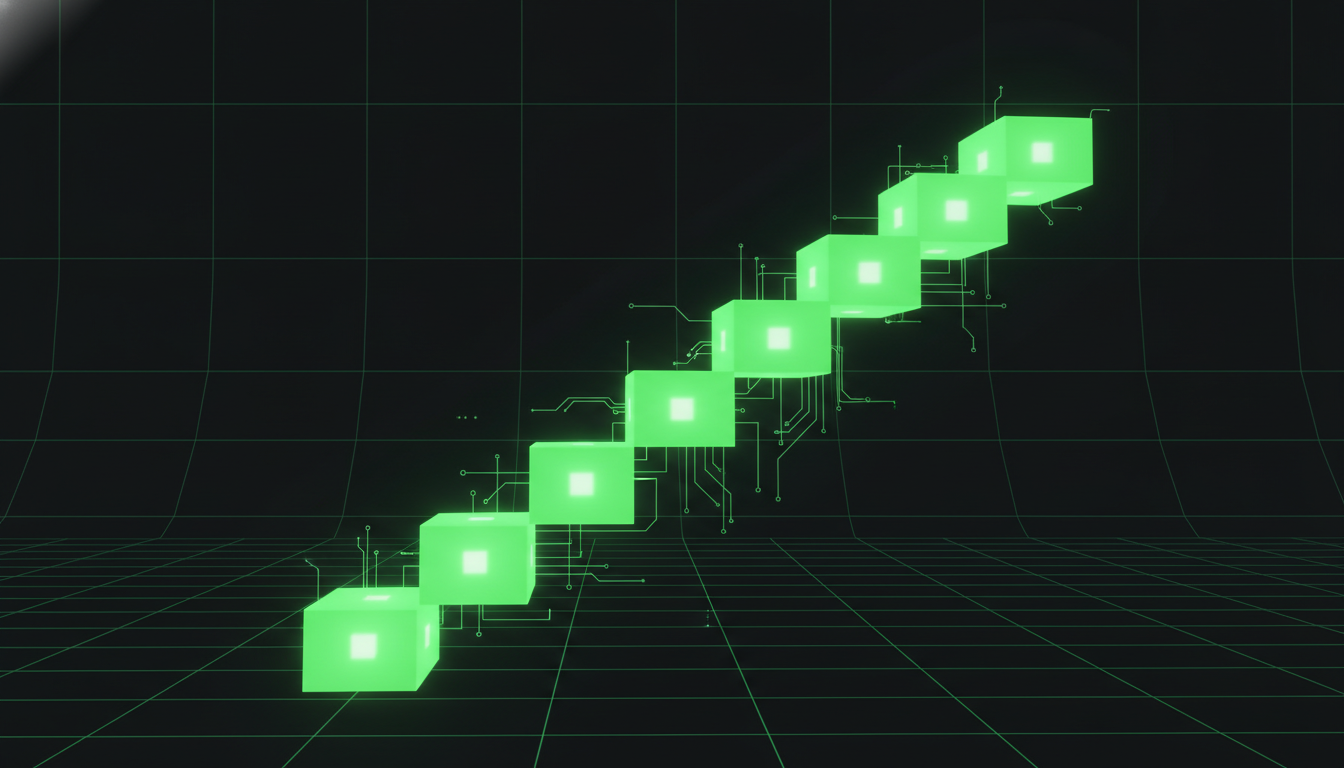 Ascending geometric staircase of glowing blocks representing 340 percent growth in fractional leadership market