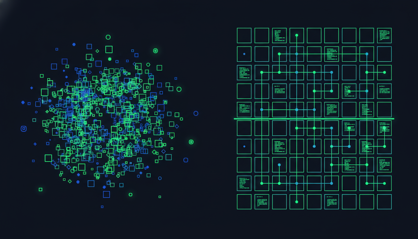 Split view comparing chaotic ungoverned AI usage versus organised governed AI tool deployment