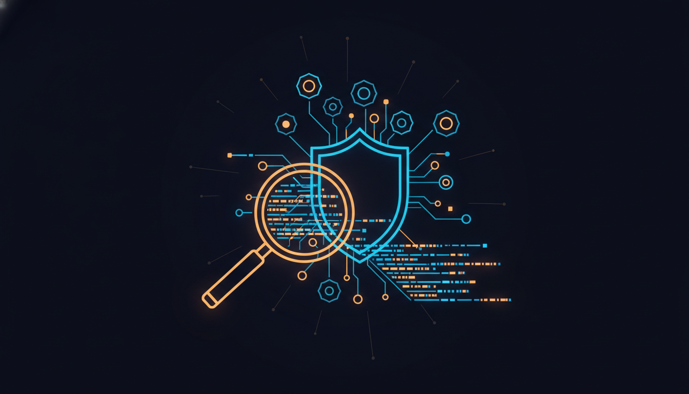 Shield protecting a network of nodes with magnifying glass scanning data streams representing AI governance audit