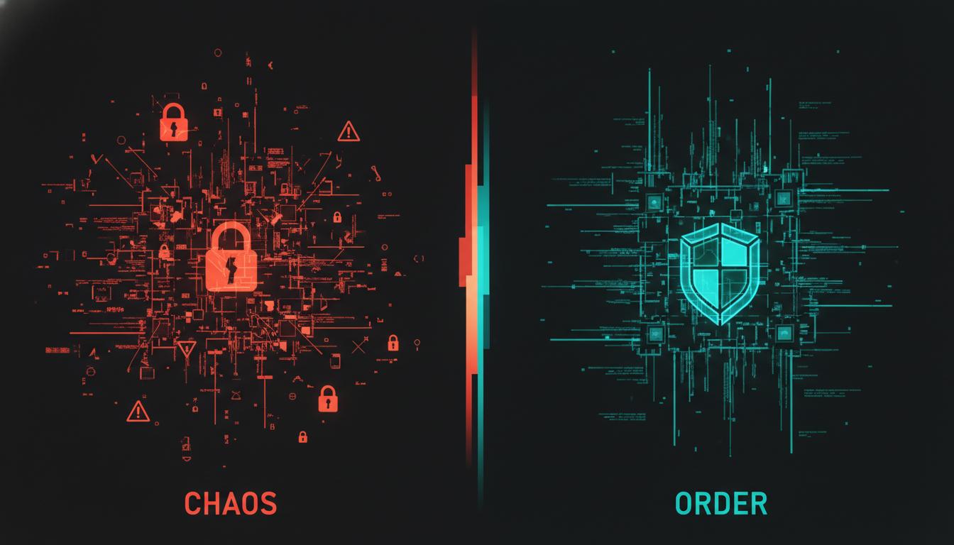 Split comparison showing chaotic ungoverned AI code on the left versus structured governed AI code on the right, representing the difference between shadow AI chaos and proper governance