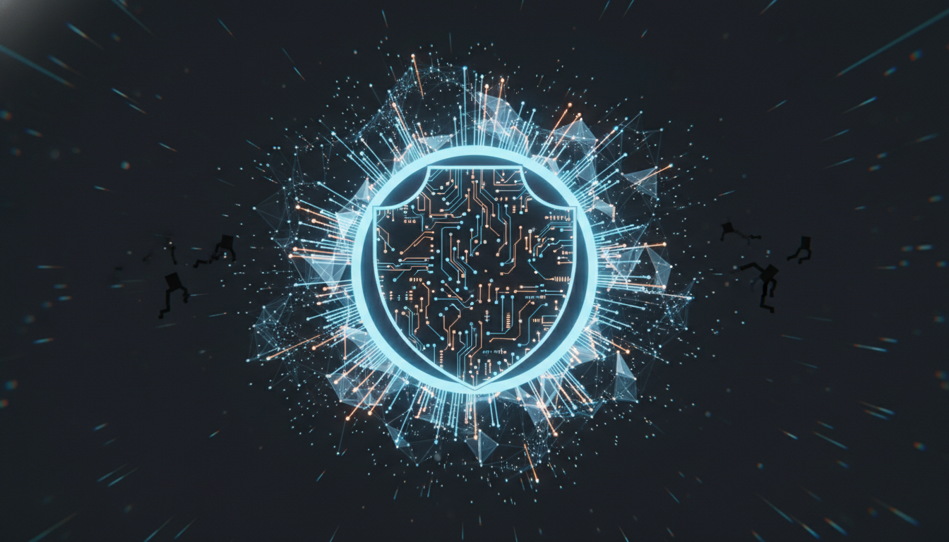 Digital shield protecting a network of code nodes from shadow AI threats, representing a governance framework safeguarding engineering teams
