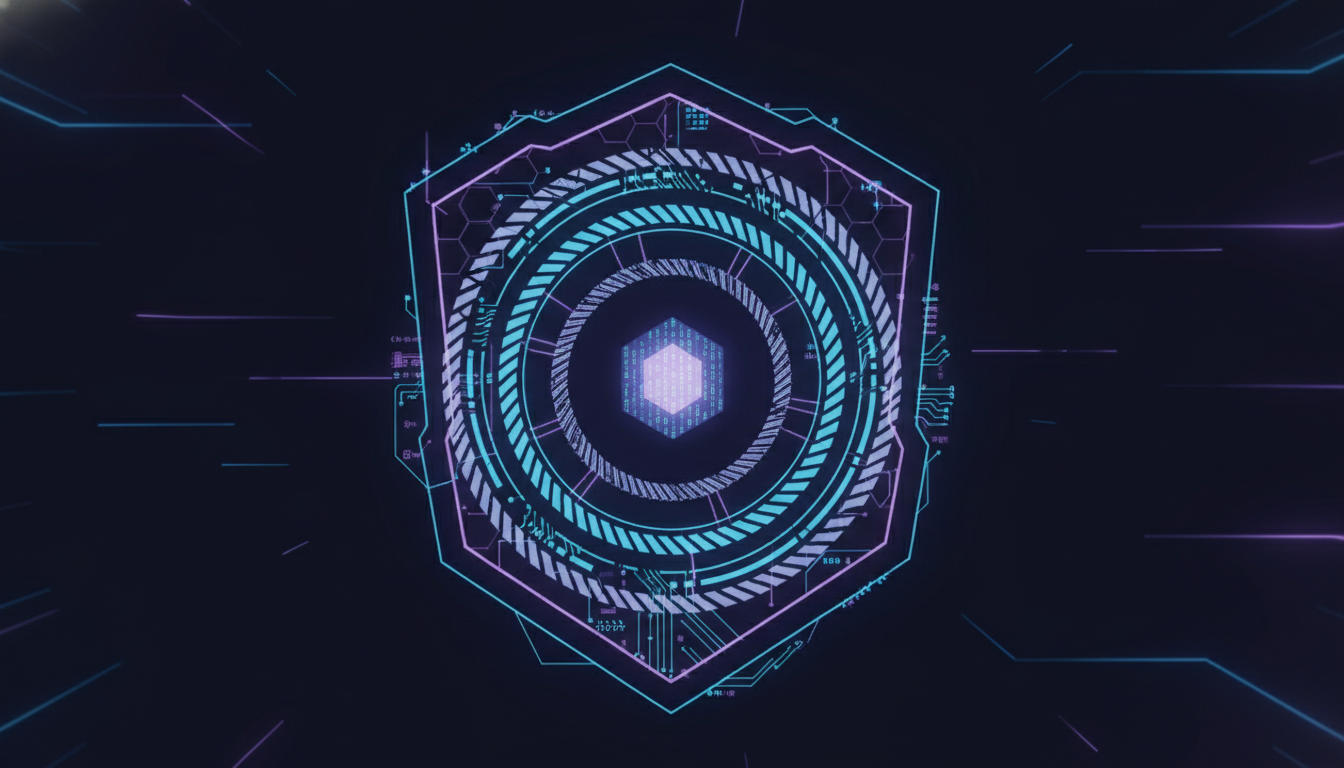 Layered defence shield structure protecting a code core, representing defence in depth against AI security threats
